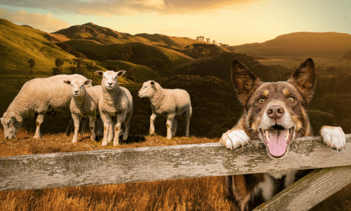 A sheep, 3 lambs and a dog